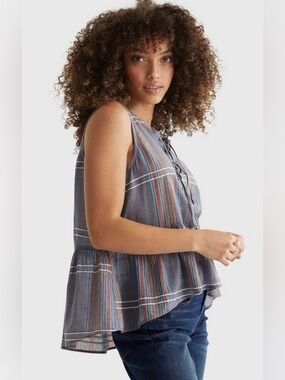 LUCKY BRAND BLOUSE LACE-UP SLVELESS HI-LOW PEPLUM COTTON GREY MULTICOLOR - XXL